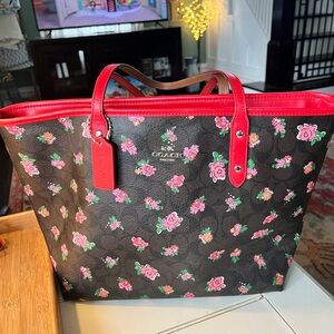 Coach Black Tote with Red Floral Design